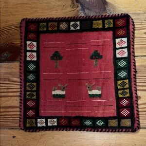 Antique Persian Iran Wool Rug Cushion Red and Green Patterned Tapestry Folk Art